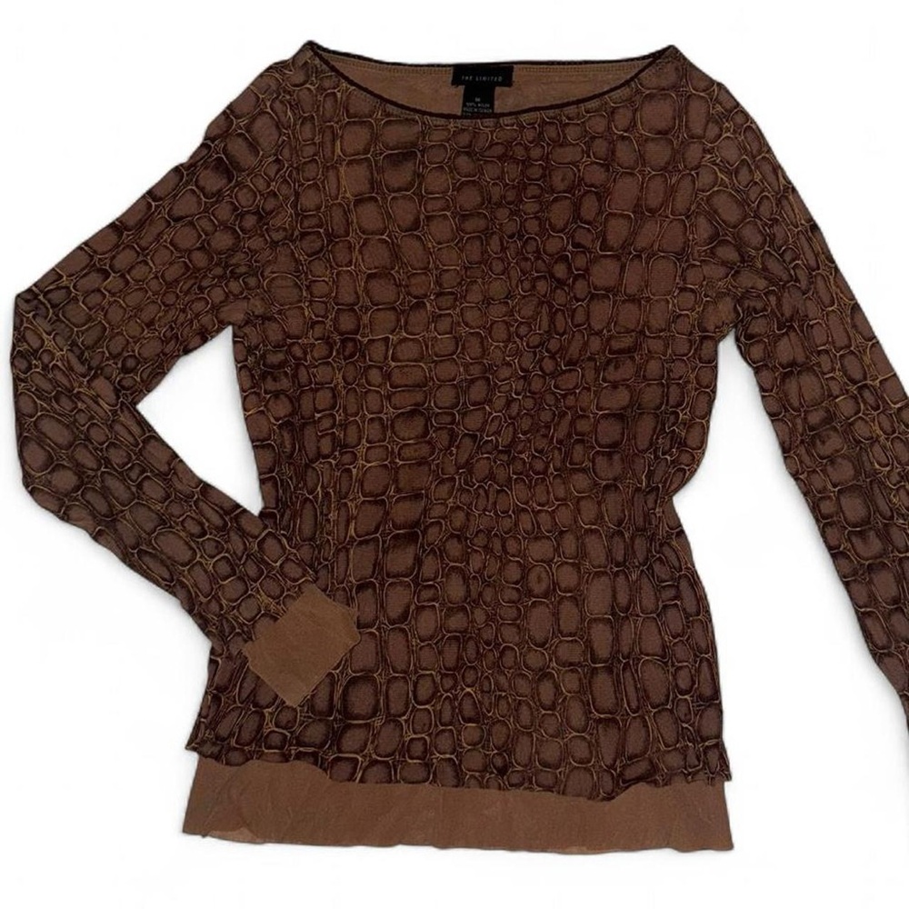 Y2K the limited brown and tan croc print double mesh long sleeve top